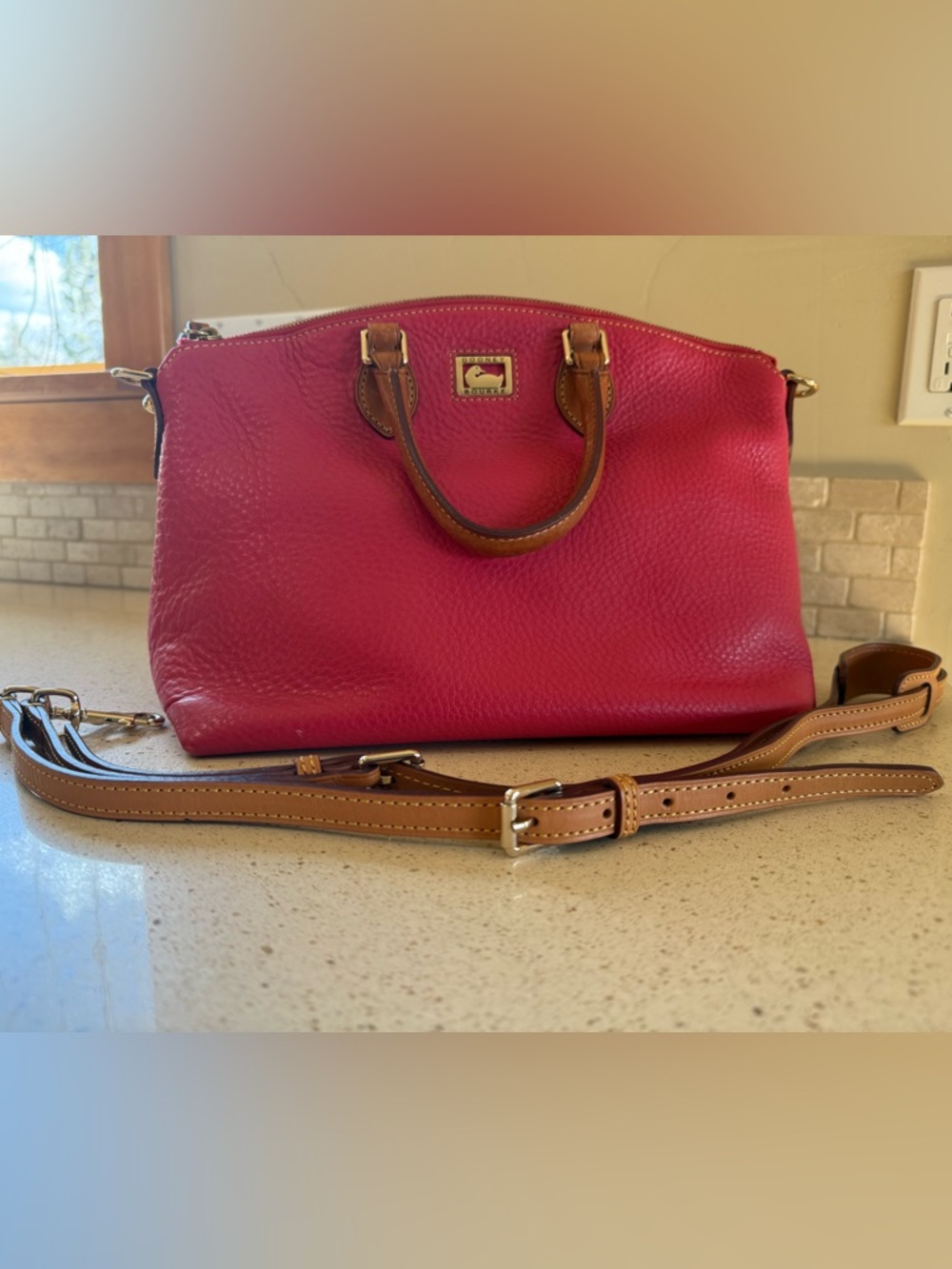Dooney & Bourke Hot Pink/Raspberry Pebbled Leather Satchel with Tan Trim